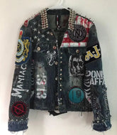 Multi Patches Denim Gothic Punk Jacket, Jeans Studded Jacket, Men's Fashion Jacket, Silver Cone Studs Jacket, Denim Jeans Jacket,